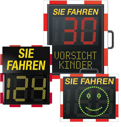 Drei Geschwindigkeitsanzeigen mit verschiedenen Geschwindigkeiten und Smileys
